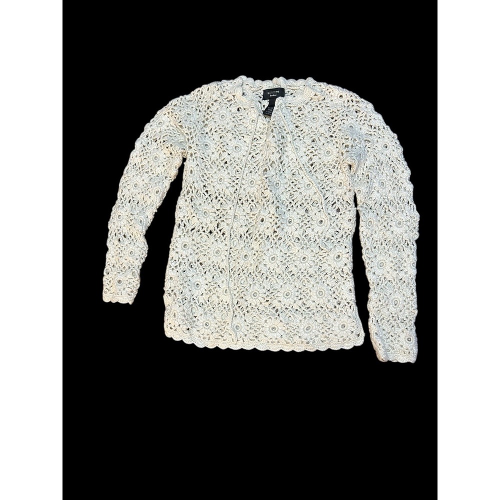 Vintage Y2K Express Hand Knit Floral Crochet Sweater Cream Womens Large